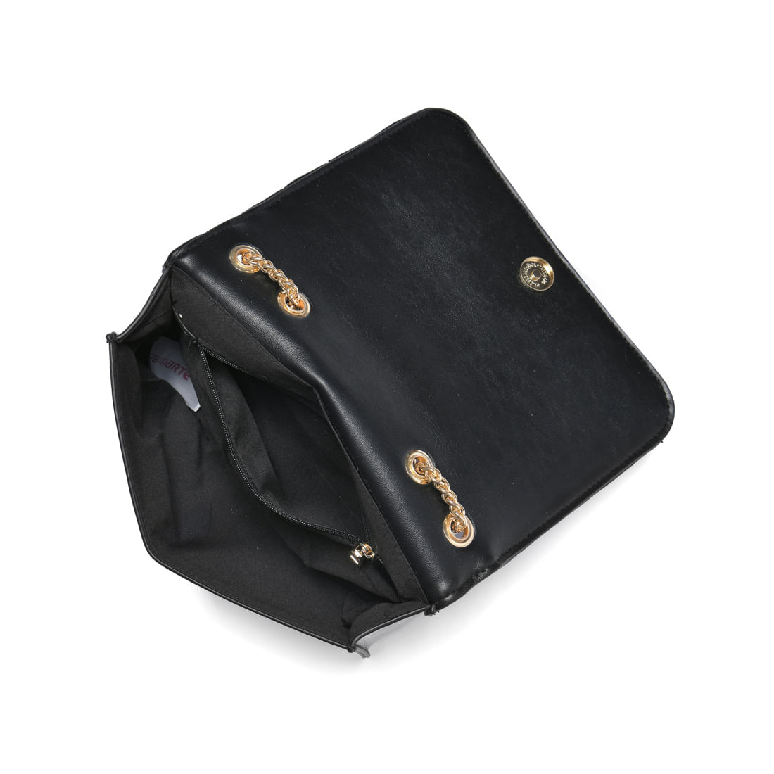 Interior da bolsa feminina Via Marte preta crossbody metalassê mostrando espaço e acabamento